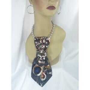 Artisan Vintage Silk Tie Necklace Upcycled Multi Jeweled Accent Piece Pearls NEW